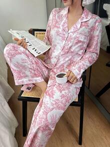 SHEIN 女款泡泡皺紋印花開襟領睡衣套裝 - 白色 - 查看 4