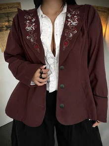 Whyspr Plus Size Women's Suede Embroidered Jacket With Notch Lapel And Single-Breasted Buttons Fall - Brown - View 6