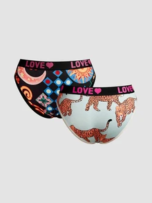 Chillnights Young Colorblock Leopard Plaid Sun Print Letter Webbing 2pcs/Set Women's Triangle Panties - Multicolor - View 2