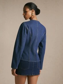 Poéselle Women's Denim Casual V-Neck Top Jacket And Outerwear - Dark Wash - View 2