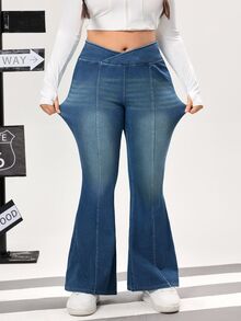 Jeanoix Plus Size Women's Asymmetrical Waist Casual Flare Jeans - Blue - View 9