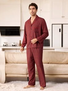 CoupledUp Men's Couple Red Plaid Long Sleeve Pants Pajama Set 2pcs - Red - View 5