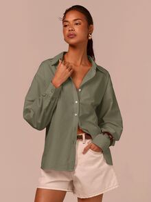 COSMINA Women's Casual Solid Color Front Button-Down Drop Shoulder Shirt, Autumn Style, Long Sleeve Shirt, Elegant Women's Shirt, Basic Versatile Shirt, Pink Shirt, Suitable For Office Wear, Daily Outfit, Loose Fit Shirt, Valentine's Day Shirt, Casual Shirt - Khaki - View 2
