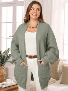 Rosumi Cardigan Rajut Lengan Panjang Wanita Ukuran Besar dengan Kantong Depan Terbuka, Warna Polos, dan Bahu Longgar untuk Musim Dingin - Hijau - View 6