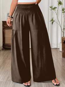 Weeklong Summer New Pleated Design Faux Linen Bamboo Knot Waistband Fashion Casual Vacation Loose Wide Leg Long Pants For Women - Khaki - View 3