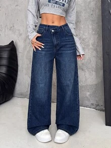 SHEIN PETITE 女款不對稱腰頭口袋寬腿鬆垮休閒街頭風 Y2K 90S 牛仔牛仔褲 校園日常校外穿搭 深藍色 秋季 海軍藍 夏季 - 中等水洗藍 - 查看 4