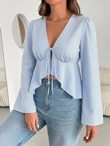 Shapeblank Plus Size Women's Front Tie Ruffle Hem Striped Shirt - Blue - View 8