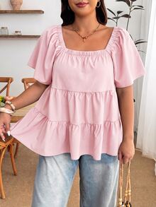 Enliva Blusa de talla grande con cuello cuadrado, ajuste holgado, volantes escalonados y manga corta - Rosa - Ver 7