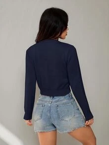 SHEIN PETITE 女款素色單排扣休閒長袖開襟衫 - 藏蓝色 - 查看 2
