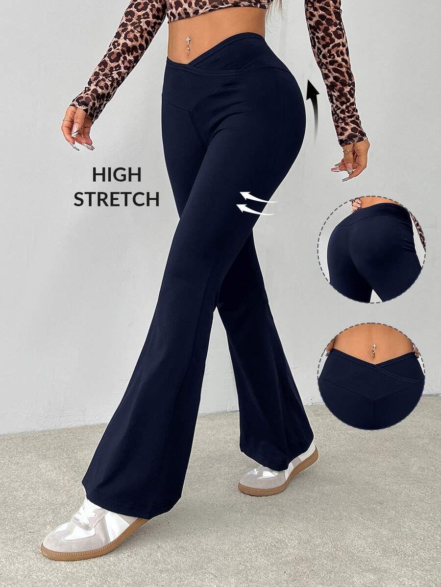 SHEIN PETITE 簡約純色包腰高腰喇叭褲 - 藏蓝色 - 查看 1