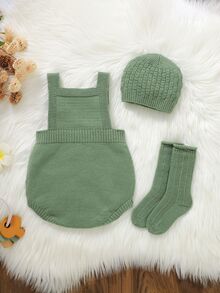 SHEIN Vintaside Kids 男嬰純色鈕扣設計針織連身衣 - 墨綠色 - 查看 2