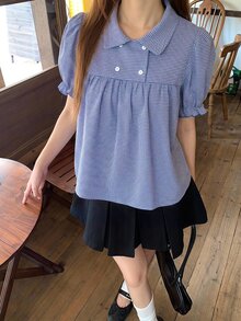 DAZY Women's Collared Plaid All-Over Print Fresh Korean Style Shirt Fall - Blue - View 1
