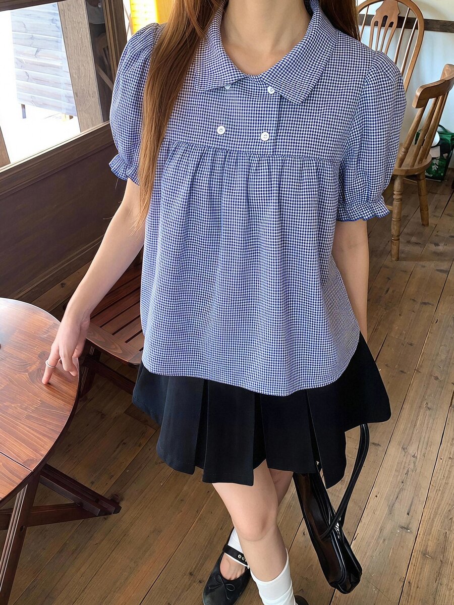 DAZY Women's Collared Plaid All-Over Print Fresh Korean Style Shirt Fall - Blue - View 1