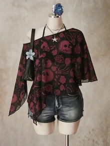 SHEIN ICON 大尺碼女款不對稱骷髏與玫瑰印花上衣 - 彩色 - 查看 4