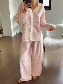 DAZY Autumn/Winter Sweet Plaid Bow Ruffle Loose Women's Pajama Set - Pink - View 6