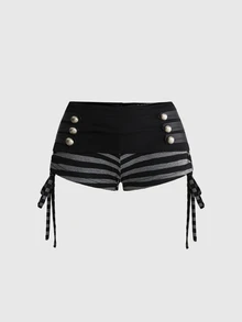 ROMWE Trash Punk Cute Vintage Music Festival Striped Colorblock Black & Grey Drawstring Super Short Women's Shorts - Multicolor - View 1