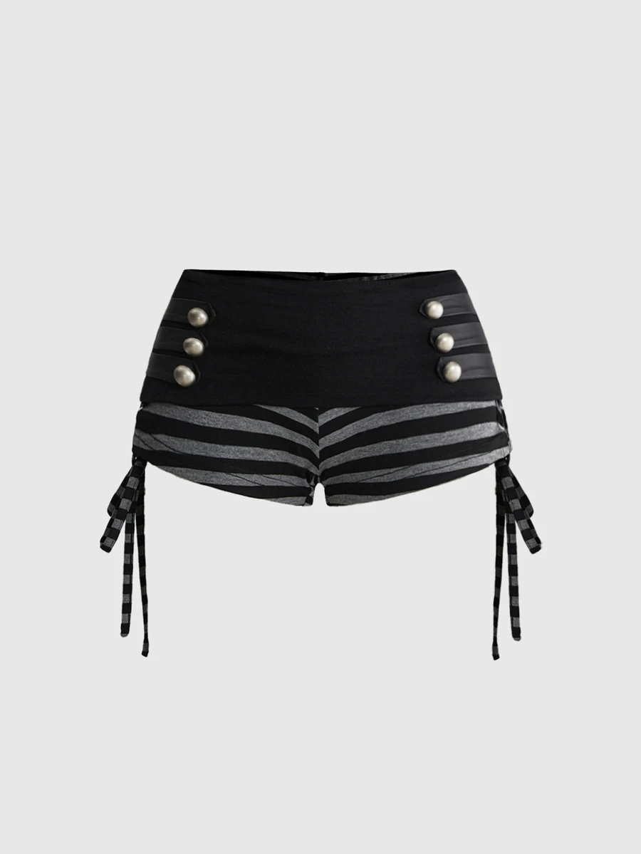 ROMWE Trash Punk Cute Vintage Music Festival Striped Colorblock Black & Grey Drawstring Super Short Women's Shorts - Multicolor - View 1