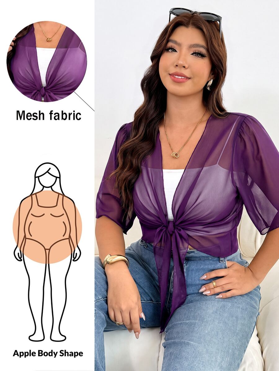 Shapeblank 大尺碼女款春夏優雅寬鬆涼爽舒適雪紡面料防護開襟衫外套,紫色上衣,極簡風穿搭 - 紫色 - 查看 1