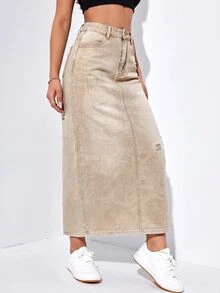SHEIN EZwear Women's Button-Front Distressed Denim Midi Skirt With Back Slit - Camel - View 4