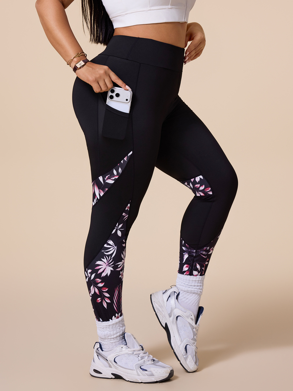 SHEIN Rhythm Era Plus Size Botanical Print Patchwork High Waist Seamless Sports Leggings
