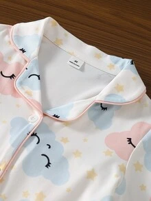 SHEIN 女童甜美可愛優雅休閒日常舒適親膚柔軟針織布料粉藍雲朵星星卡通印花開襟長袖上衣與長褲2件套居家服睡衣 - 粉色 - 查看 3