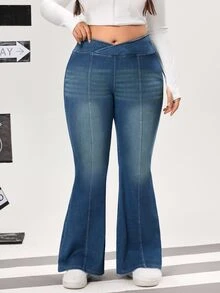 Jeanoix Plus Size Women's Asymmetrical Waist Casual Flare Jeans - Blue - View 10