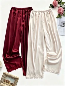 Snug Zone Lace Patchwork Faux Silk Elastic Waist Straight Leg Pants 2-Color Combination - Multicolor - View 1