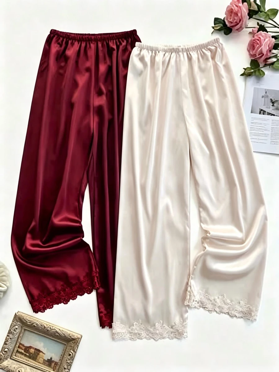 Snug Zone Lace Patchwork Faux Silk Elastic Waist Straight Leg Pants 2-Color Combination - Multicolor - View 1