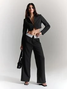 BAD SUNDAY Women's Autumn/Winter Wide Leg Inverted Pleat Lace Patchwork Low Waist Long Pants, Y2K Hot Girl Millennium Style - Black and White - View 2
