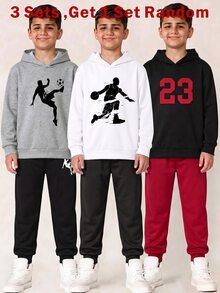 SHEIN 青少年男孩秋季新品休閒極簡足球圖案時尚經典英文字母運動風街頭風Y2K衛衣與長褲兩件套，適合夏季長袖連帽舒適衛衣兩件套，適合秋冬 - 彩色 - 查看 4
