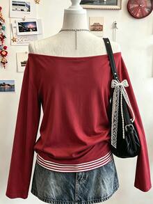 Lalippa 女款酒紅色秋季復古街頭風紐約星星圖案露肩長袖T恤，適合日常穿著與派對 - 彩色 - 查看 2