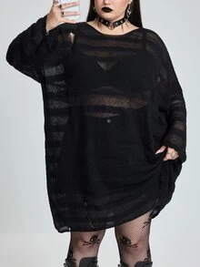 SHEIN CURVE+ ملابس علوية فرو محبوكة مقاس كبير للهالوين بتصميم مفرغ وشفاف - الأسود - مشاهدة 7