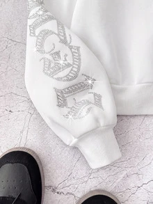 SHEIN 青少年女孩哥德風文字水鑽鉚釘短版拉鍊連帽衛衣，秋冬長袖上衣，畢業穿搭，返校穿搭 - 白色 - 查看 4