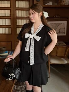 Bijouette Plus Size Lace Bow Knit Top, Puff Sleeve Single-Breasted Cropped Fitted Short Sleeve Cardigan With Bow Decor - Black and White - View 7