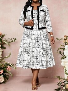 SHEIN Lady Plus Size Women's Colorblock 3/4 Sleeve Open Front Jacket And Dress Elegant 2 Pieces Set - Black and White - View 4