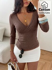 Aloruh Blue-Green V-Neck 3/4 Sleeve Slimming T-Shirt - Brown - View 8