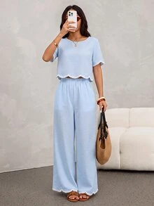 SHEIN PETITE 2件組女款夏季休閒黑白格紋對比色圓領短袖上衣與長褲套裝 - 淺藍色 - 查看 7