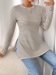 SHEIN Frenchy 女款極簡條紋拼接長袖開衩下擺T恤 - 杏色 - 查看 5