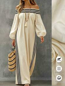 Linhara CURVE Spring/Summer Off-Shoulder Elastic Waist Loose Casual Fashion Plus Size Dress, Suitable For Daily Wear, Outings And Gatherings Fall - Apricot - View 4