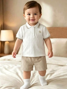 Souflis Souflis 男嬰夏季杏色學院風提花 Polo 衫與短褲 2 件套，小馬印花翻領短袖套裝，適合日常穿著、聚會與度假 - 卡其色 - 查看 5