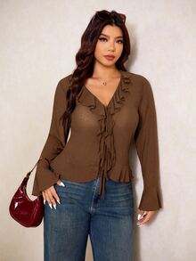 Elaquor Plus Size Women Solid Color Ruffle Collar Front Tie Bell Sleeve Top - Mocha Brown - View 7