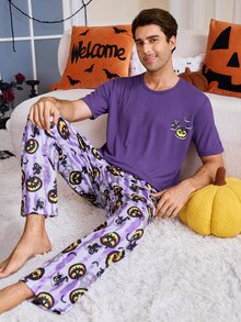 CoupledUp Halloween Pumpkin Print Men's Short Sleeve Long Pants Casual Pajama Set - Purple - View 2
