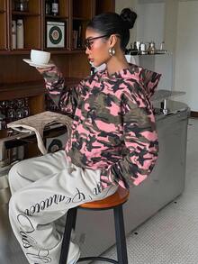 Muchica Sweatshirt berkerudung tipis motif kamuflase pink & hijau bergaya minimalis kasual, cocok untuk awal musim gugur, gaya serbaguna. - MultiWarna - View 3