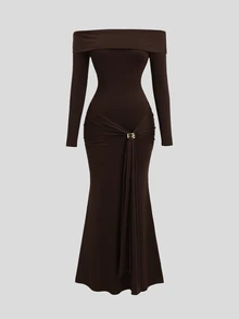 Sweetra Women's Slim Fit Long Sleeve Collared Metal Button Long Dress, Elegant Sexy Style Dinner Party Dark Brown Fall - Dark Brown - View 1