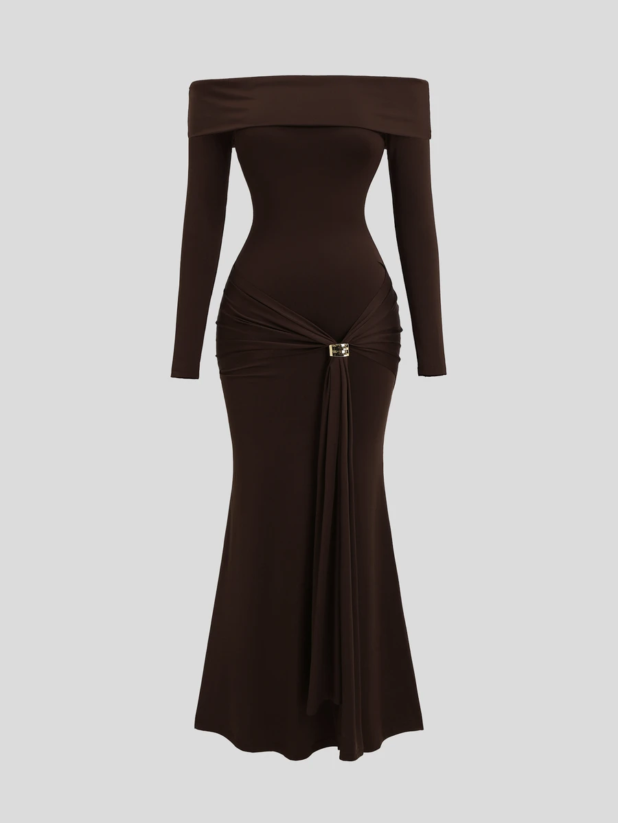 Sweetra Women's Slim Fit Long Sleeve Collared Metal Button Long Dress, Elegant Sexy Style Dinner Party Dark Brown Fall - Dark Brown - View 1