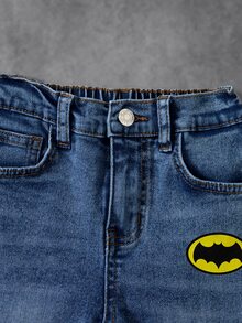 BATMAN X SHEIN Young Boy Bat Print Button Pocket Denim Jeans - Blue - View 3