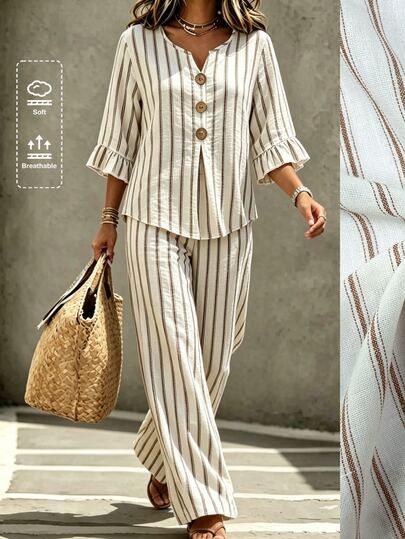 Linhara CURVE Women's Plus Size Summer Casual Striped V-Neck Mid-Sleeve Shirt And Loose Casual Pants 2 Pieces Set, Suitable For Outings, Daily Commute