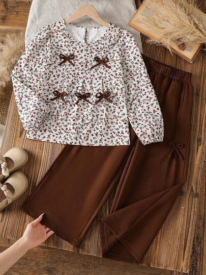 Vintaside Kids Girls' 2 Pieces Ditsy Floral Round Neck Puff Sleeve Top And Straight Leg Pants Set, All-Over Ditsy Floral Long Sleeve Top Paired With Matching Bow Decor Brown Wide Leg Pants, Loose And Comfortable, Tween Girl Style, Gentle Vintage Vibe, Suitable For Daily School, Travel, Photo Outfits, Casual Wear