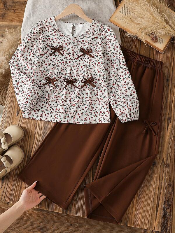 Vintaside Kids Girls' 2 Pieces Ditsy Floral Round Neck Puff Sleeve Top And Straight Leg Pants Set, All-Over Ditsy Floral Long Sleeve Top Paired With Matching Bow Decor Brown Wide Leg Pants, Loose And Comfortable, Tween Girl Style, Gentle Vintage Vibe, Suitable For Daily School, Travel, Photo Outfits, Casual Wear