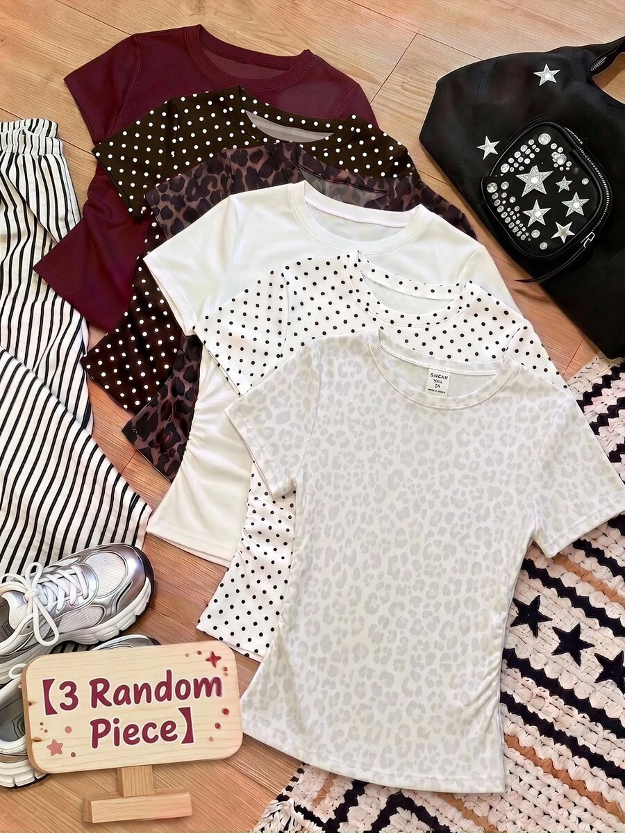Tween Girls Simple Casual 3 Pieces Set With Ruched Waist, T-Shirt With Cartoon Pattern, Suitable For Spring And Summer - Multicolor - View 1